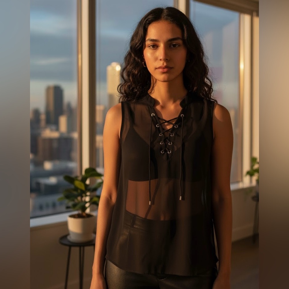 XXI Sleeveless Sheer Black Hi-Low Tunic Top with Silver Grommet Lace-Up S/P